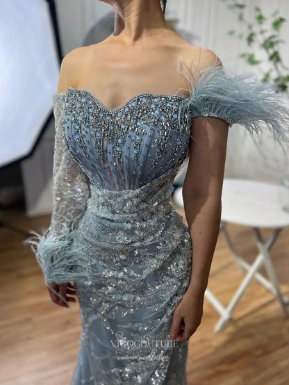 Prom Dresses 2025 to impress Feather One-Sleeve Sequin Embellished Mermaid Gown with Slit – Style 25329-vigocouture-vigocouture