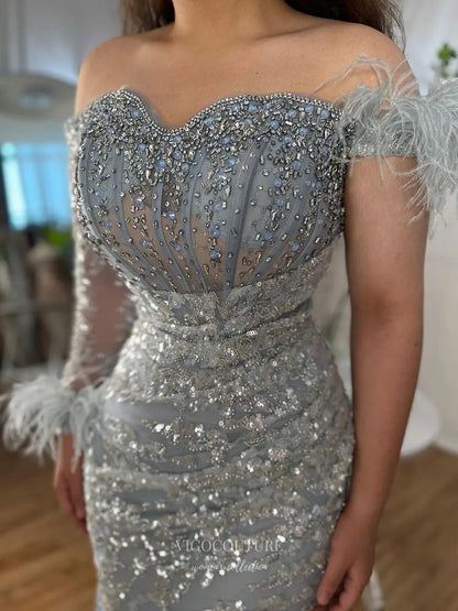 Prom Dresses 2025 to impress Feather One-Sleeve Sequin Embellished Mermaid Gown with Slit – Style 25329-vigocouture-vigocouture