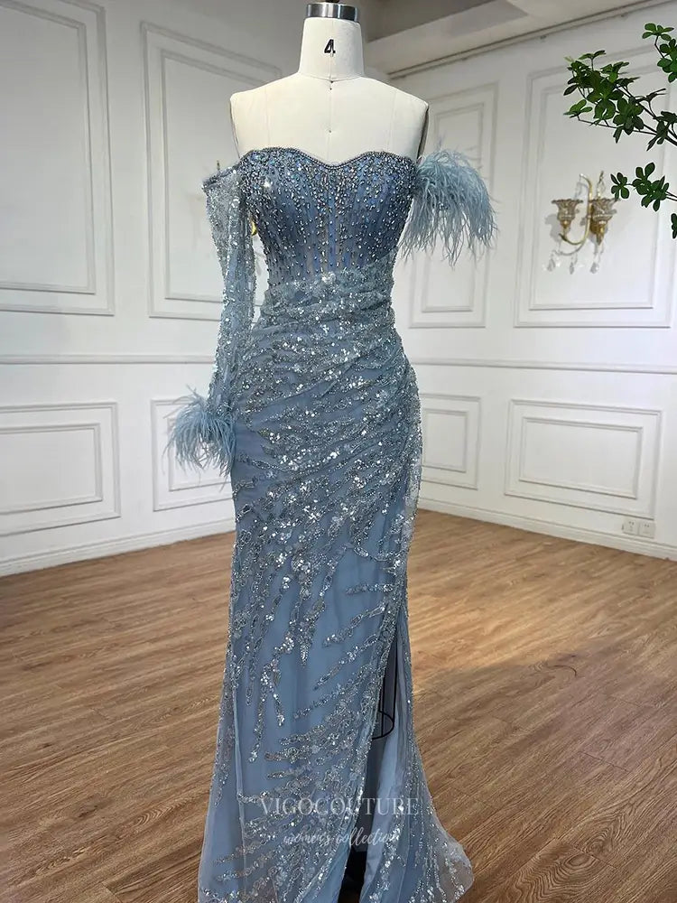 Prom Dresses 2025 to impress Feather One-Sleeve Sequin Embellished Mermaid Gown with Slit – Style 25329-vigocouture-Blue-2-vigocouture