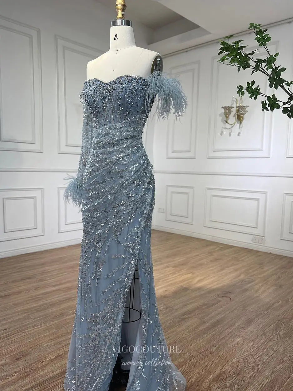 Prom Dresses 2025 to impress Feather One-Sleeve Sequin Embellished Mermaid Gown with Slit – Style 25329-vigocouture-vigocouture
