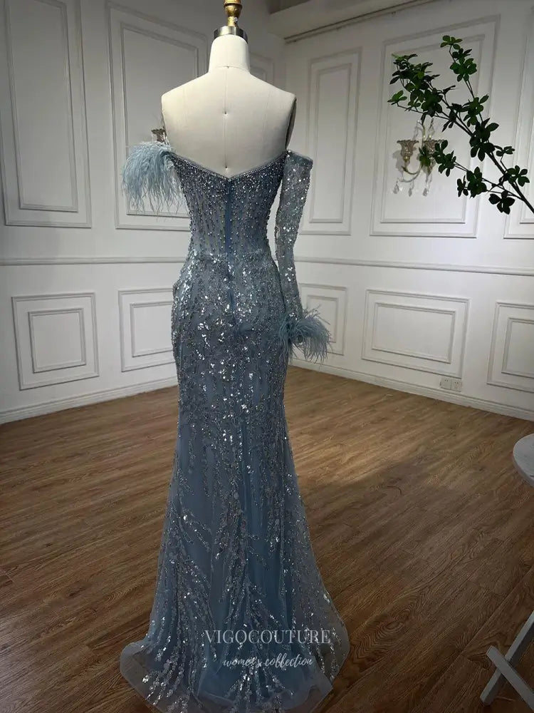 Prom Dresses 2025 to impress Feather One-Sleeve Sequin Embellished Mermaid Gown with Slit – Style 25329-vigocouture-vigocouture