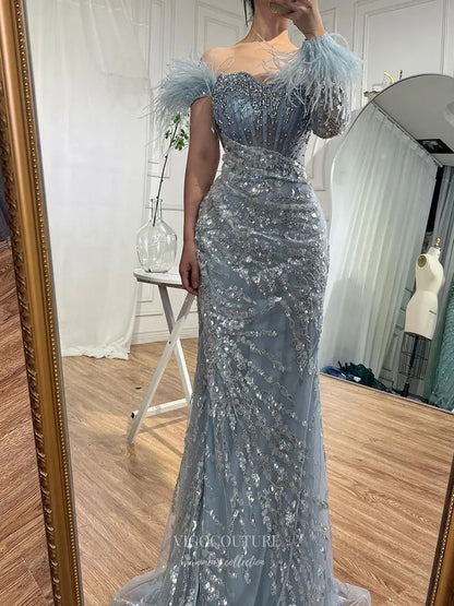 Prom Dresses 2025 to impress Feather One-Sleeve Sequin Embellished Mermaid Gown with Slit – Style 25329-vigocouture-vigocouture