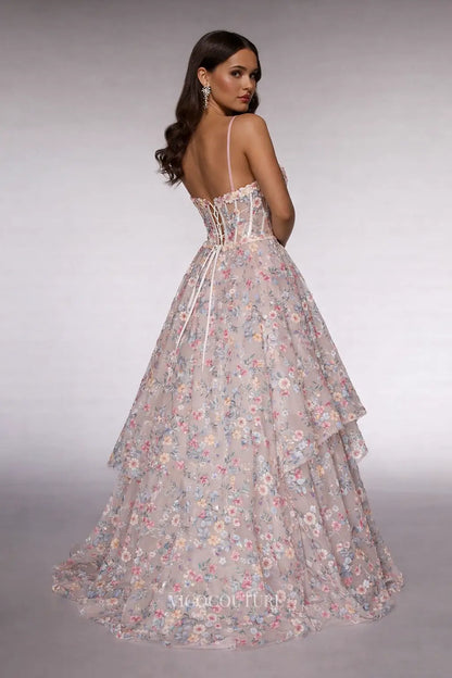 Prom Dresses 2025 to impress Floral Applique Tiered Ruffle Formal Dress with 3D Flowers, Corset Bodice & Spaghetti Strap - VG017-vigocouture-vigocouture