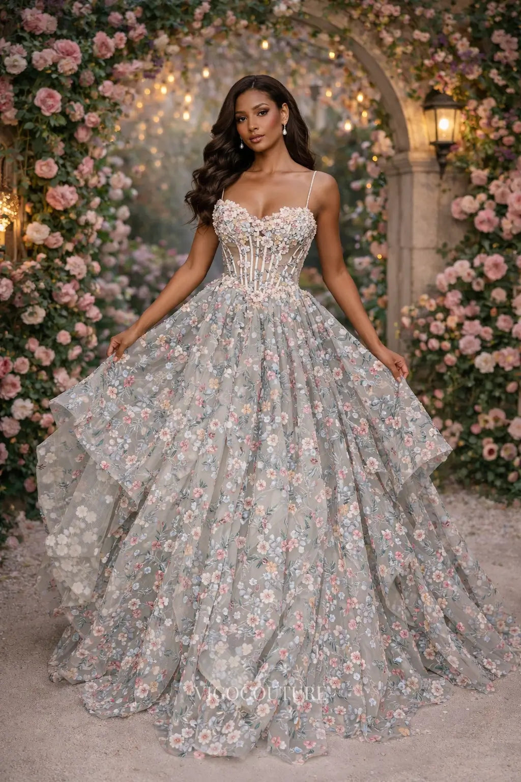 Prom Dresses 2025 to impress Floral Applique Tiered Ruffle Formal Dress with 3D Flowers, Corset Bodice & Spaghetti Strap - VG017-vigocouture-vigocouture