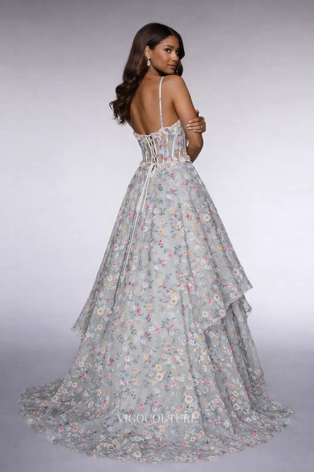 Prom Dresses 2025 to impress Floral Applique Tiered Ruffle Formal Dress with 3D Flowers, Corset Bodice & Spaghetti Strap - VG017-vigocouture-vigocouture
