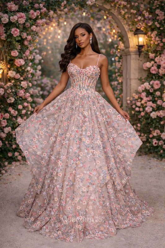 Prom Dresses 2025 to impress Floral Applique Tiered Ruffle Formal Dress with 3D Flowers, Corset Bodice & Spaghetti Strap - VG017-vigocouture-vigocouture