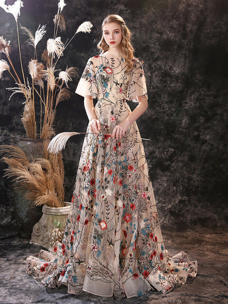 Floral Champagne Lace Prom Dress 20917 – vigocouture