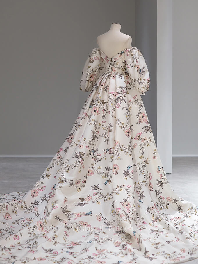 Floral Print Lace Prom Dresses with Chapel Train Puffed Sleeve Formal – vigocouture
