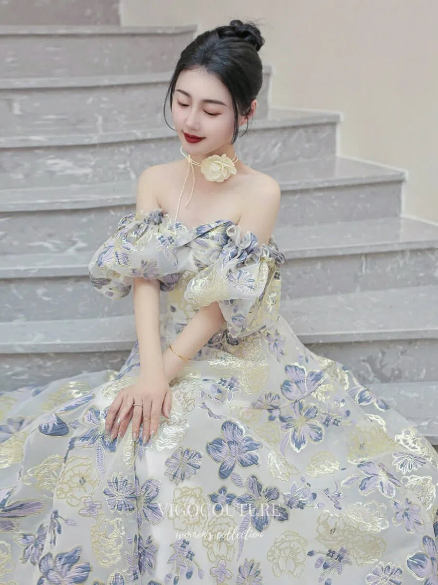 Prom Dress 2025 Champagne Floral Print Prom Dresses Puffed Sleeve Off the Shoulder Quinceanera Dress 25053-unique elegant Prom Dresses-Champagne-Custom Size-vigocouture