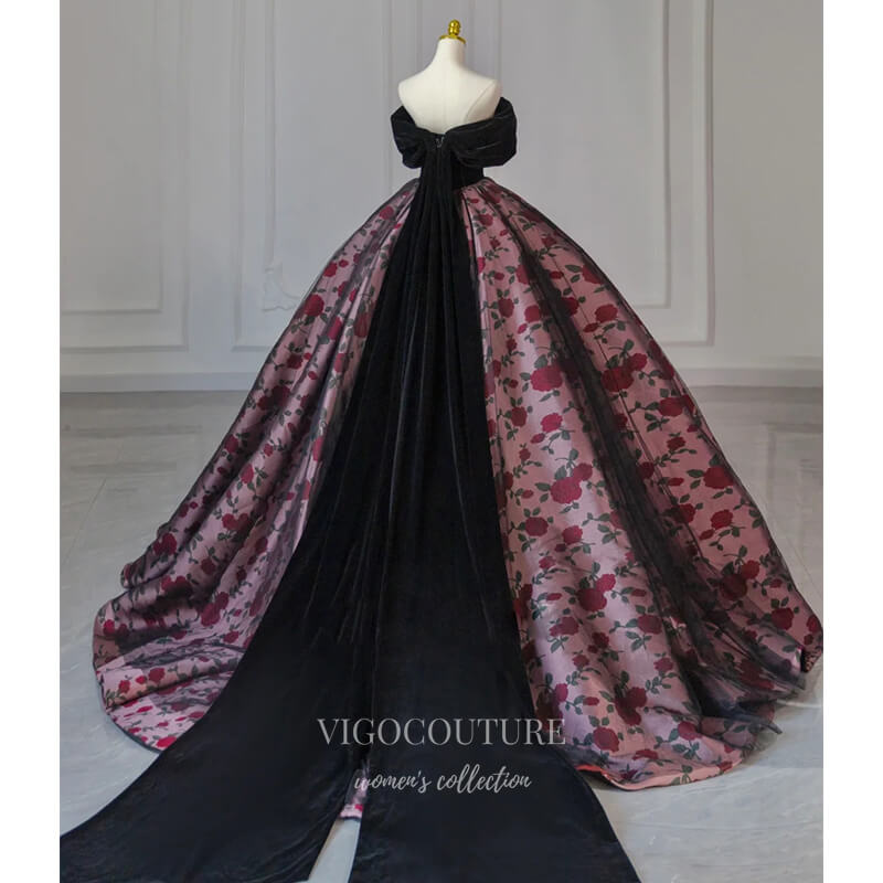 Prom Dress 2025 Floral Print Satin Prom Dresses Off the Shoulder Quinceanera Dress 21905-unique elegant Prom Dresses-Black-US2-vigocouture