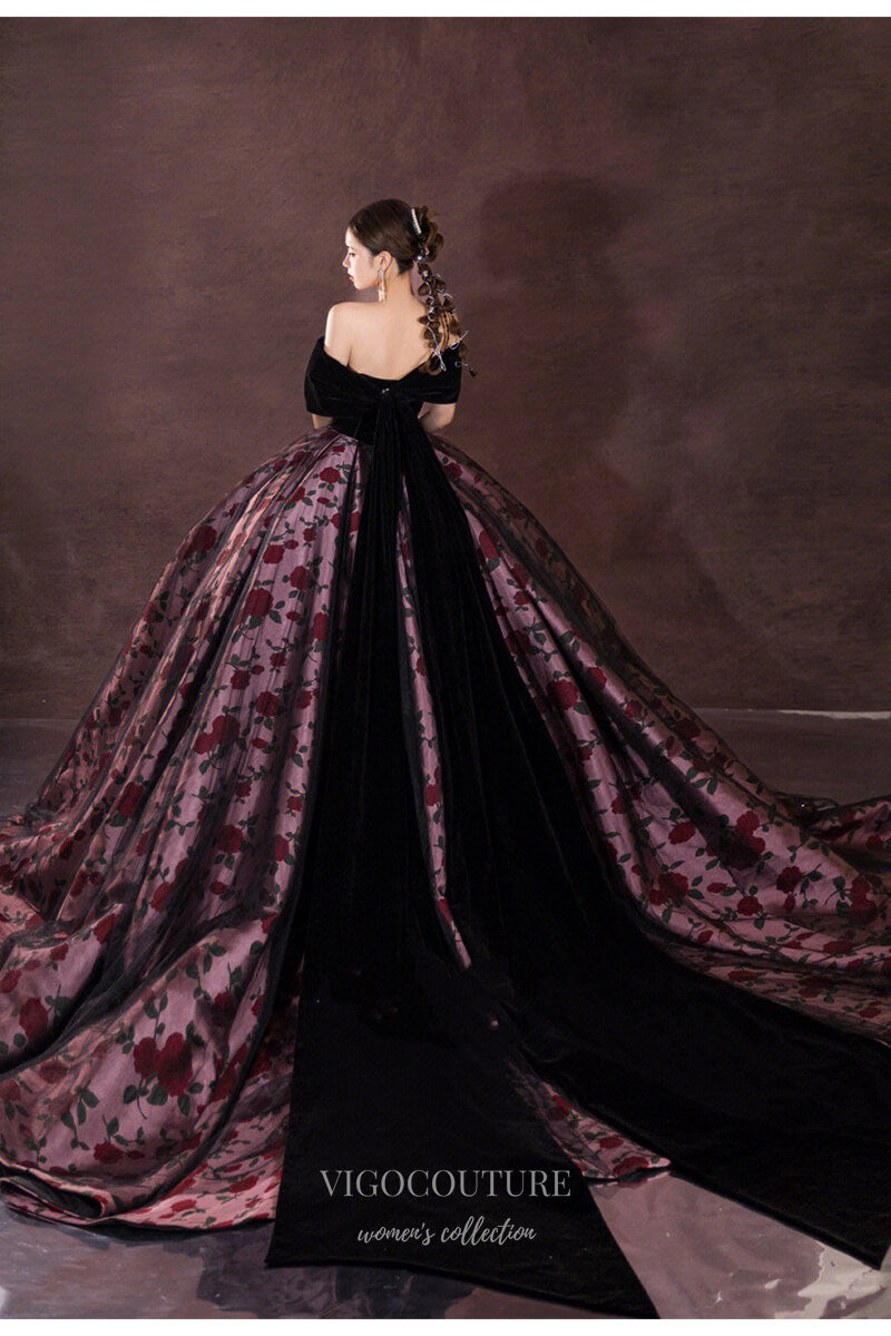 Prom Dress 2025 Floral Print Satin Prom Dresses Off the Shoulder Quinceanera Dress 21905-unique elegant Prom Dresses-Black-US2-vigocouture