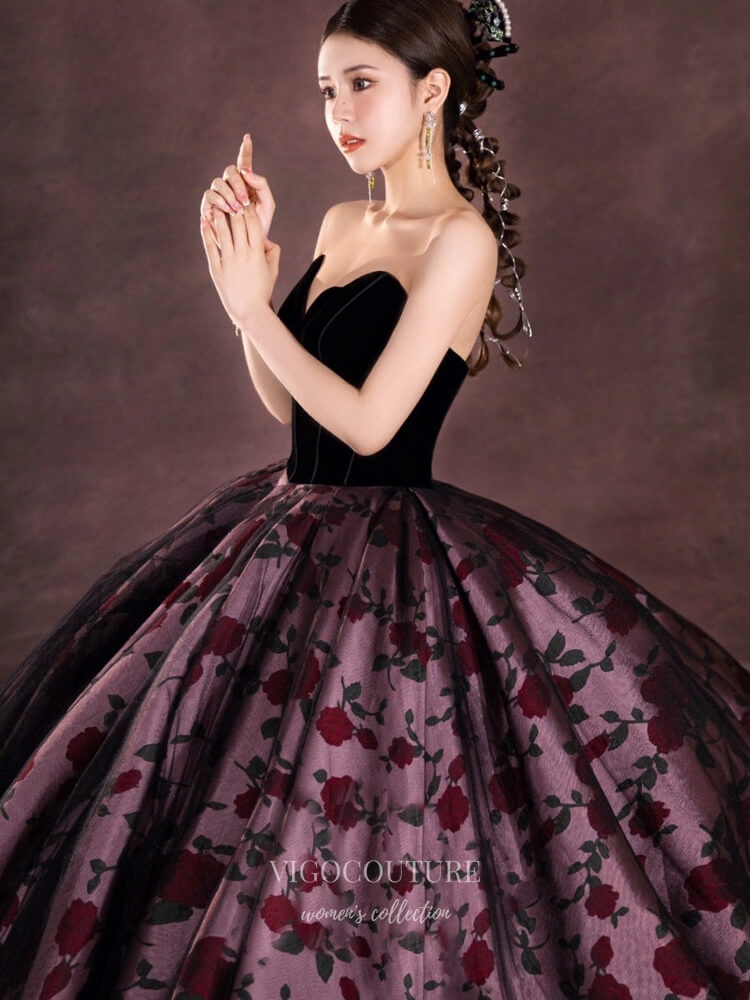 Prom Dress 2025 Floral Print Satin Prom Dresses Off the Shoulder Quinceanera Dress 21905-unique elegant Prom Dresses-Black-US2-vigocouture