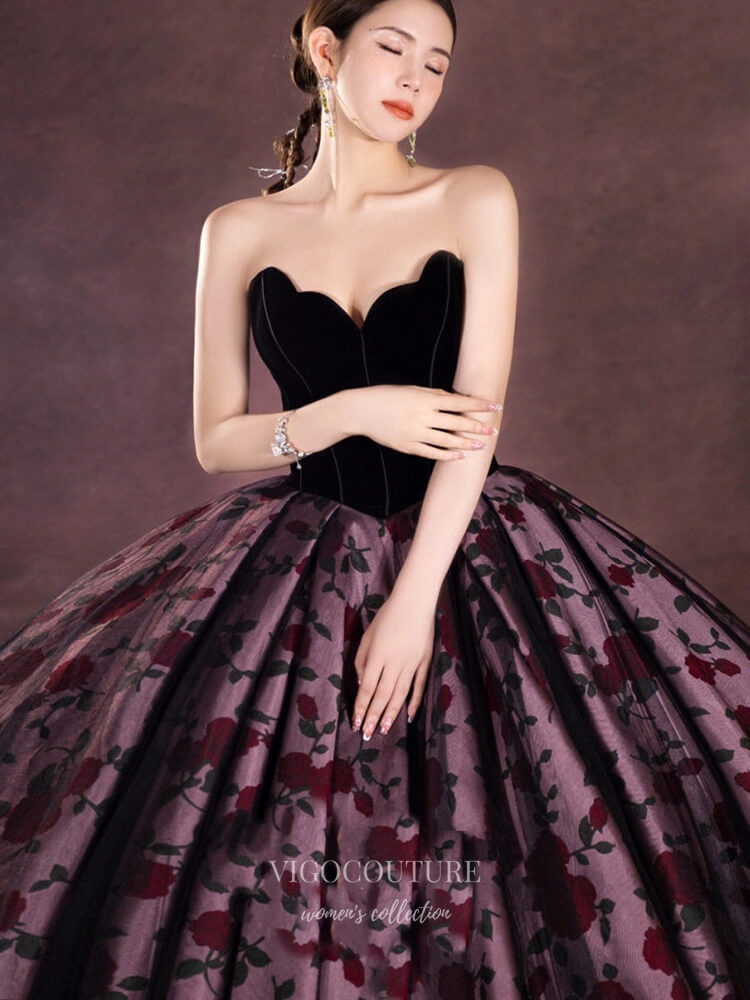 Prom Dress 2025 Floral Print Satin Prom Dresses Off the Shoulder Quinceanera Dress 21905-unique elegant Prom Dresses-Black-US2-vigocouture