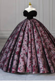 Prom Dress 2025 Floral Print Satin Prom Dresses Off the Shoulder Quinceanera Dress 21905-unique elegant Prom Dresses-Black-US2-vigocouture