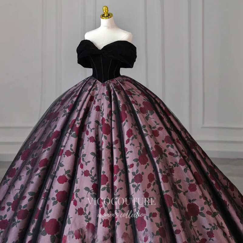 Floral Print Satin Prom Dresses Off the Shoulder Quinceanera Dress 219 – vigocouture