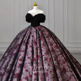 Prom Dress 2025 Floral Print Satin Prom Dresses Off the Shoulder Quinceanera Dress 21905-unique elegant Prom Dresses-Black-US2-vigocouture