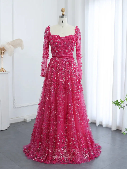 Prom Dresses 2025 to impress Floral Prom Dress with Long Sleeves, 3D Appliqué, Square Neckline, Lace-Up Back – Style 25347-vigocouture-Hot Pink-2-vigocouture