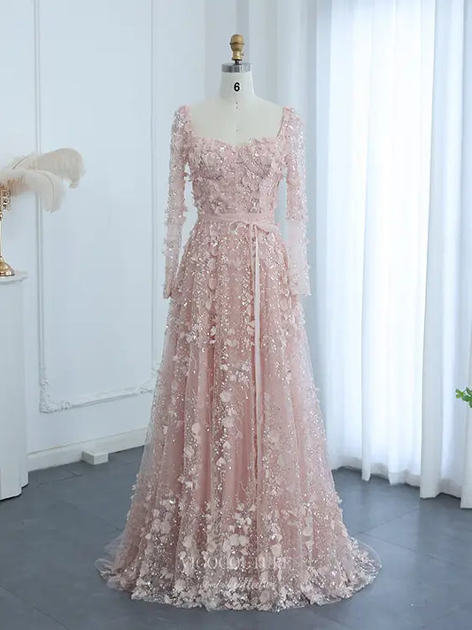 Prom Dresses 2025 to impress Floral Prom Dress with Long Sleeves, 3D Appliqué, Square Neckline, Lace-Up Back – Style 25347-vigocouture-Pink-2-vigocouture