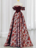 Floral Satin Prom Dresses Off the Shoulder Formal Gown 21902