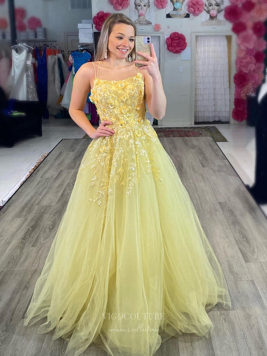 Prom Dress 2025 Floral Sequin Lace Applique Prom Dresses Spaghetti Strap Evening Dress 24374-unique elegant Prom Dresses-Yellow-Custom Size-vigocouture