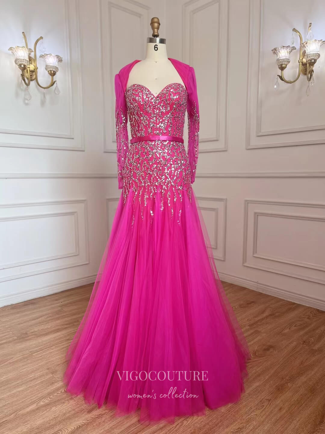 Fuchsia Beaded Prom Dresses Long Sleeve Sweetheart Neck Evening Dress vigocouture Fuchsia Beaded Prom Dresses Long Sleeve Sweetheart Neck Evening Dress vigocouture