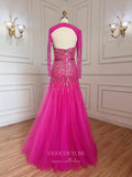 Prom Dress 2025 Fuchsia Beaded Prom Dresses Long Sleeve Sweetheart Neck Evening Dress 22124-unique elegant Prom Dresses-Fuchsia-US2-vigocouture