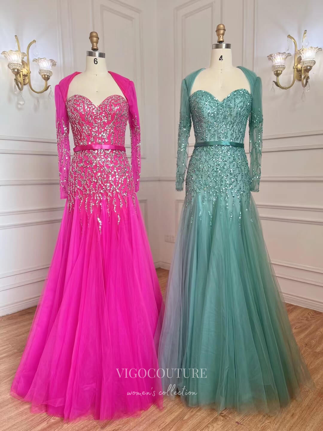 Prom Dress 2025 Fuchsia Beaded Prom Dresses Long Sleeve Sweetheart Neck Evening Dress 22124-unique elegant Prom Dresses-Fuchsia-US2-vigocouture