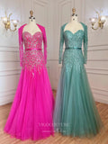 Fuchsia Beaded Prom Dresses Long Sleeve Sweetheart Neck Evening Dress 22124