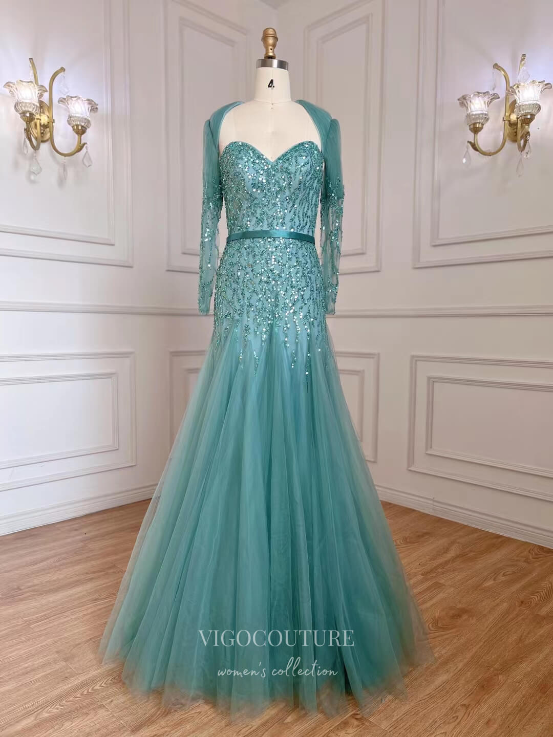 Prom Dress 2025 Fuchsia Beaded Prom Dresses Long Sleeve Sweetheart Neck Evening Dress 22124-unique elegant Prom Dresses-Green-US2-vigocouture