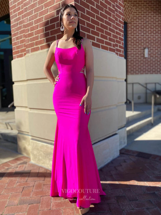 Prom Dress 2025 Fuchsia Beaded Spaghetti Strap Prom Dresses Satin Mermaid Evening Dress 24104-unique elegant Prom Dresses-Fuchsia-Custom Size-vigocouture