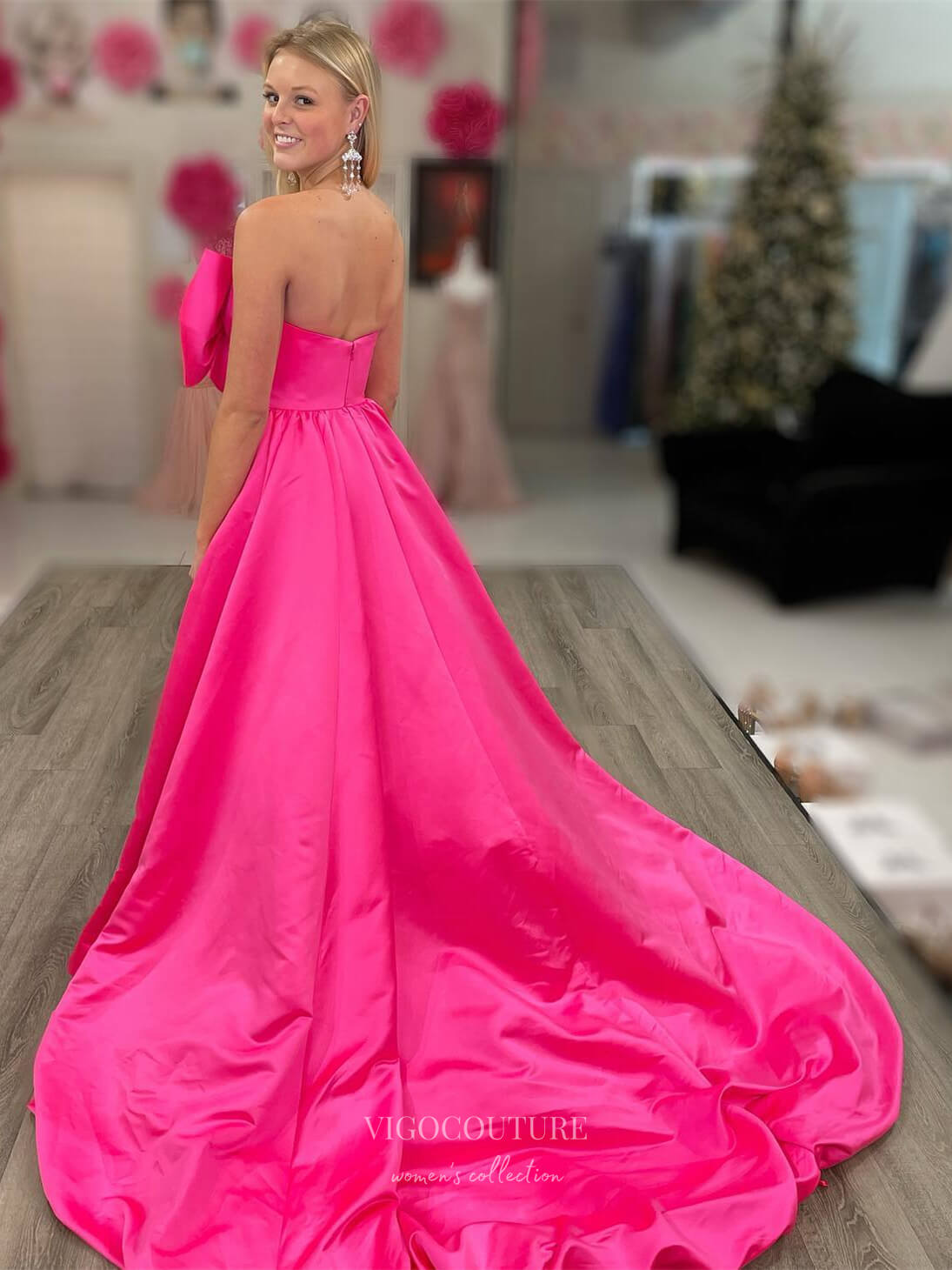 Prom Dress 2025 Fuchsia Bow-Tie Satin Prom Dresses Strapless Formal Gown 24103-unique elegant Prom Dresses-Fuchsia-Custom Size-vigocouture