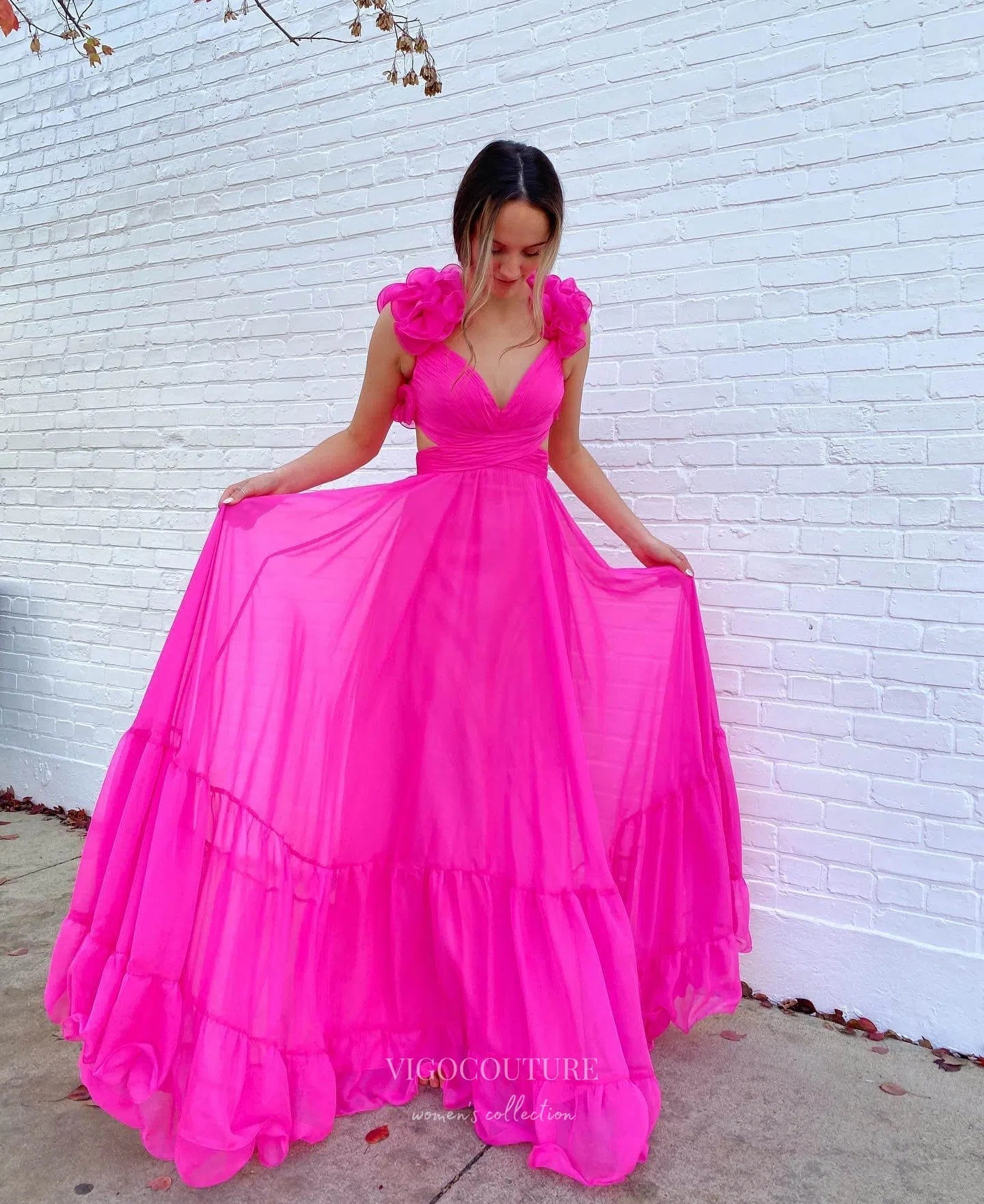 Prom Dress 2025 Fuchsia Chiffon Prom Dresses V-Neck Formal Dress 24029-unique elegant Prom Dresses-Fuchsia-Custom Size-vigocouture