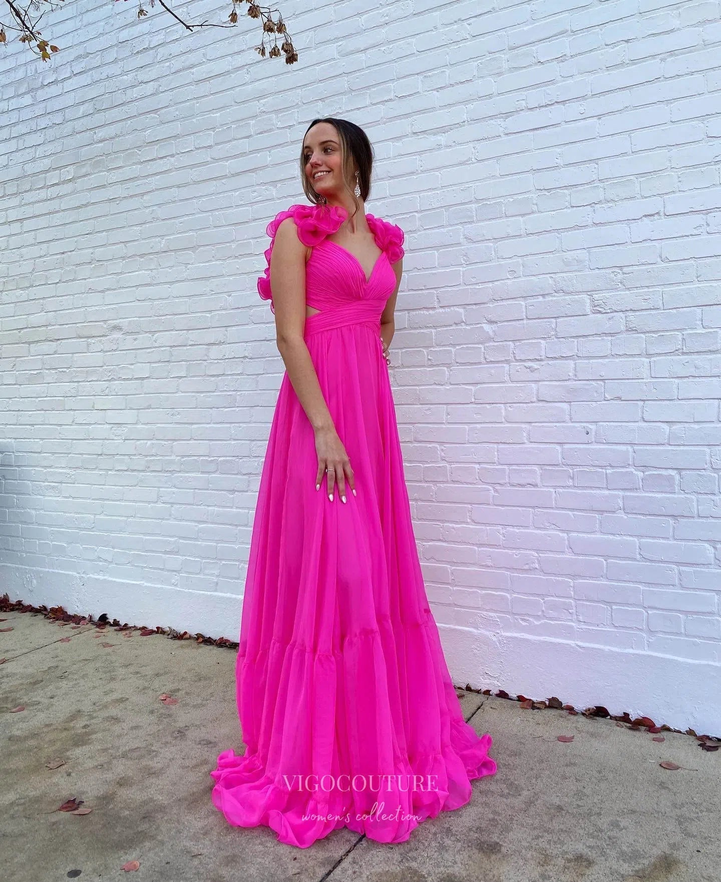 Prom Dress 2025 Fuchsia Chiffon Prom Dresses V-Neck Formal Dress 24029-unique elegant Prom Dresses-Fuchsia-Custom Size-vigocouture