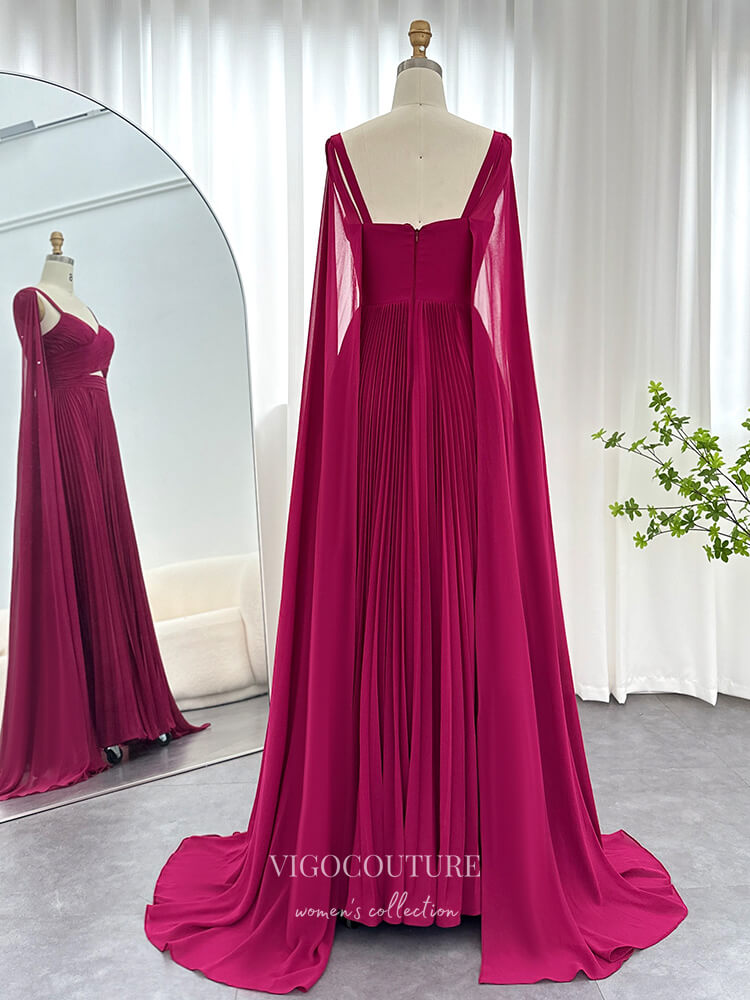 Prom Dress 2025 Fuchsia Chiffon Sheath Prom Dresses Cape Sleeve Mother of the Bride Dress 24442-unique elegant Prom Dresses-Fuchsia-Custom Size-vigocouture