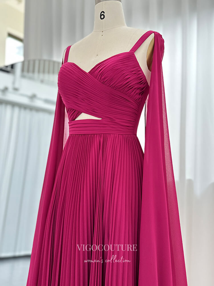 Prom Dress 2025 Fuchsia Chiffon Sheath Prom Dresses Cape Sleeve Mother of the Bride Dress 24442-unique elegant Prom Dresses-Fuchsia-Custom Size-vigocouture