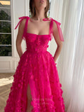 Prom Dress 2025 Fuchsia Lace Applique Prom Dresses with Slit Bow Spaghetti Strap Formal Gown with Pockets 24487-unique elegant Prom Dresses-Fuchsia-Custom Size-vigocouture