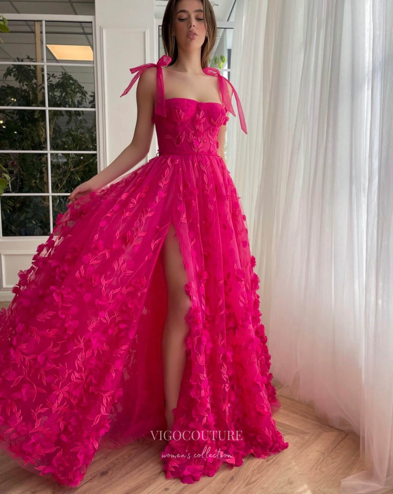 Prom Dress 2025 Fuchsia Lace Applique Prom Dresses with Slit Bow Spaghetti Strap Formal Gown with Pockets 24487-unique elegant Prom Dresses-Fuchsia-Custom Size-vigocouture