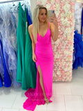 Fuchsia Mermaid Prom Dresses with Slit Spaghetti Strap Evening Dress 20944