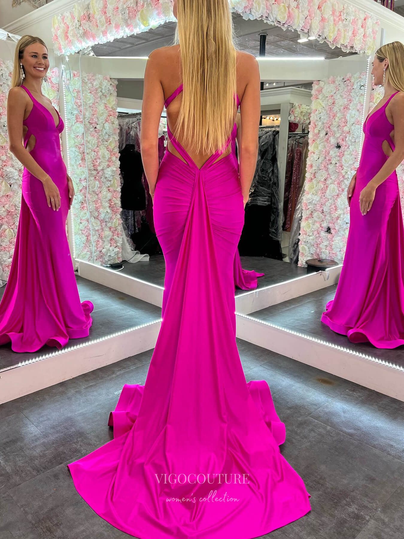 Prom Dress 2025 Fuchsia Mermaid Satin Prom Dresses with Tail Open Back V-Neck 24190-unique elegant Prom Dresses-Fuchsia-Custom Size-vigocouture