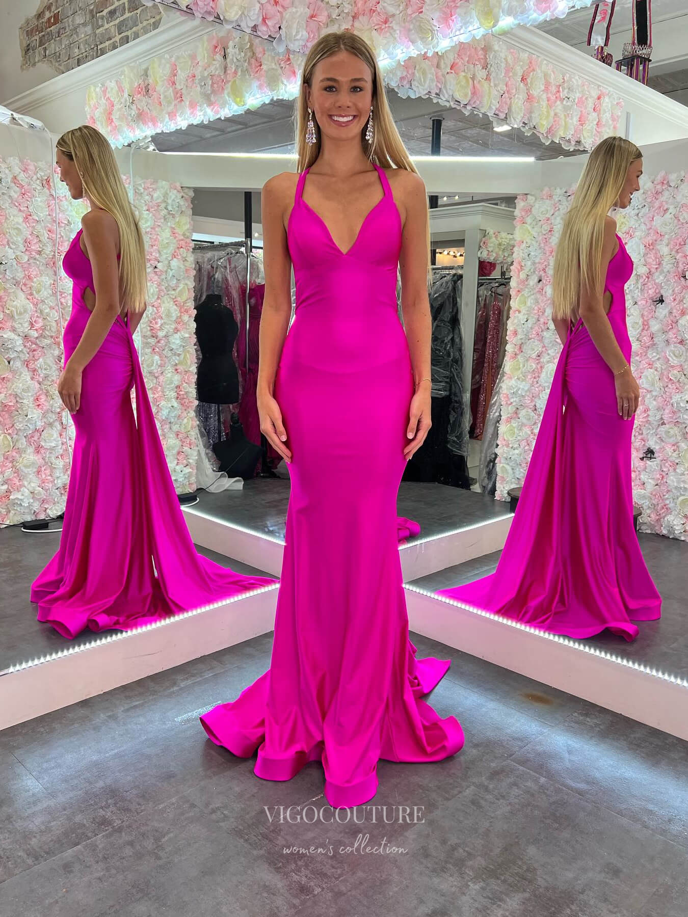 Prom Dress 2025 Fuchsia Mermaid Satin Prom Dresses with Tail Open Back V-Neck 24190-unique elegant Prom Dresses-Fuchsia-Custom Size-vigocouture