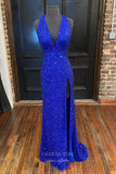 Prom Dress 2025 Fuchsia Mermaid Sequin Prom Dresses with Slit Plunging V-Neck Evening Dress 21934-unique elegant Prom Dresses-Blue-US2-vigocouture