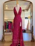 Fuchsia Mermaid Sequin Prom Dresses with Slit Plunging V-Neck Evening Dress 21934