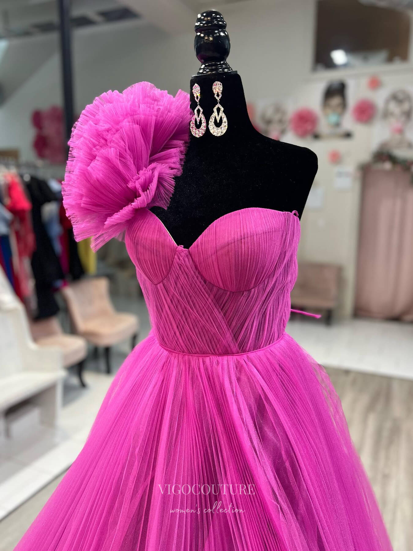 Prom Dress 2025 Fuchsia Ruffled One Shoulder Prom Dresses Pleated Tulle Frmal Gown 24181-unique elegant Prom Dresses-Hot Pink-Custom Size-vigocouture