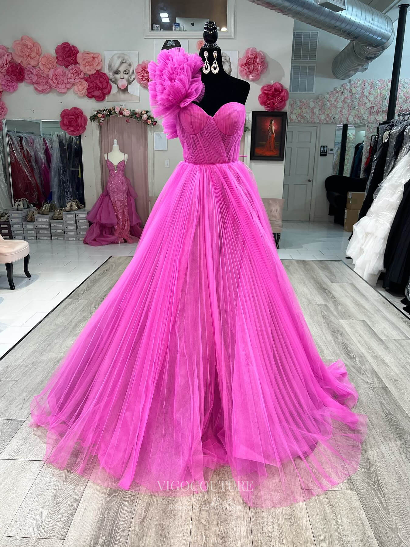 Prom Dress 2025 Fuchsia Ruffled One Shoulder Prom Dresses Pleated Tulle Frmal Gown 24181-unique elegant Prom Dresses-Hot Pink-Custom Size-vigocouture