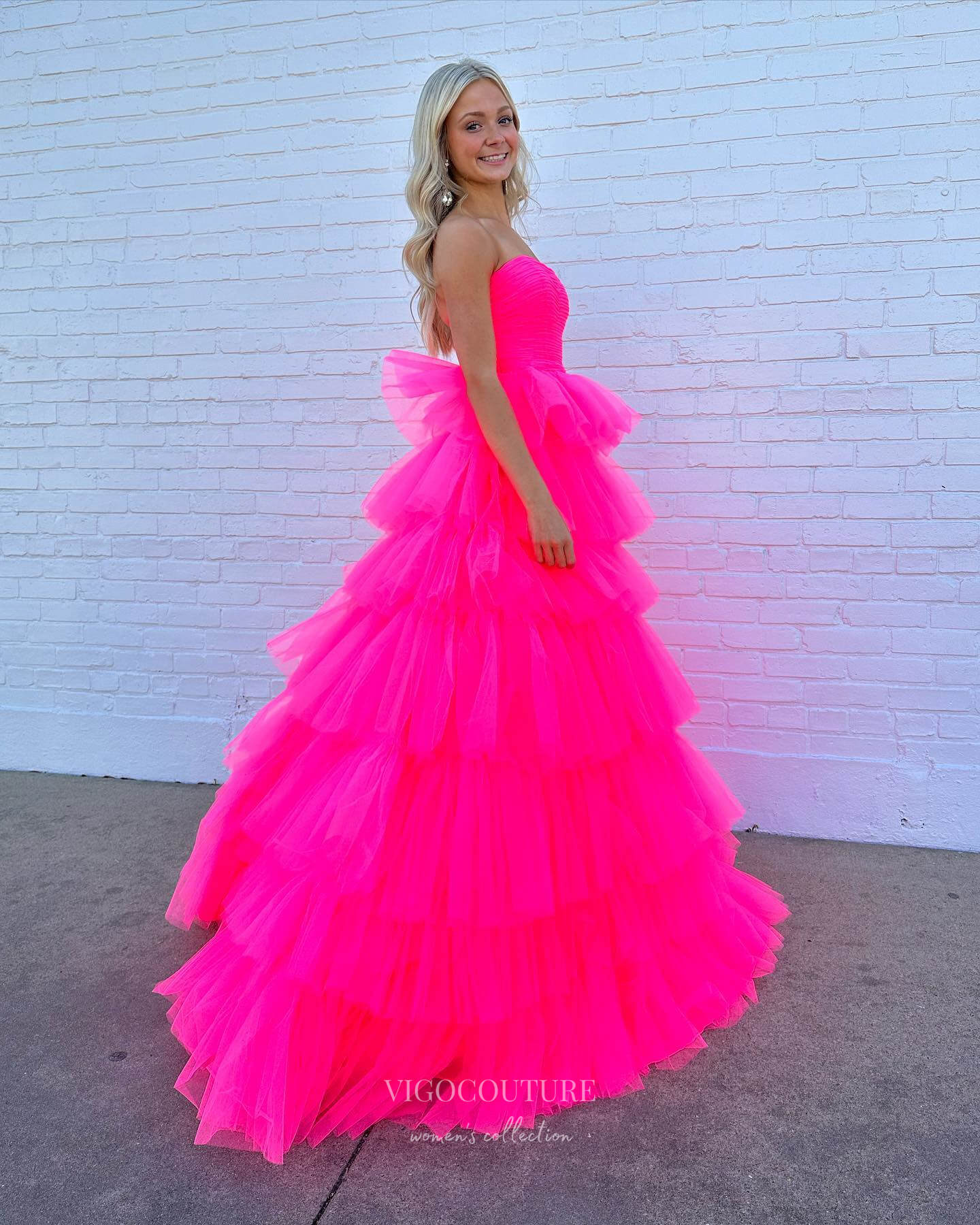 Prom Dress 2025 Fuchsia Ruffled Prom Dresses Strapless Tulle Quinceanera Dress 24025-unique elegant Prom Dresses-Fuchsia-Custom Size-vigocouture