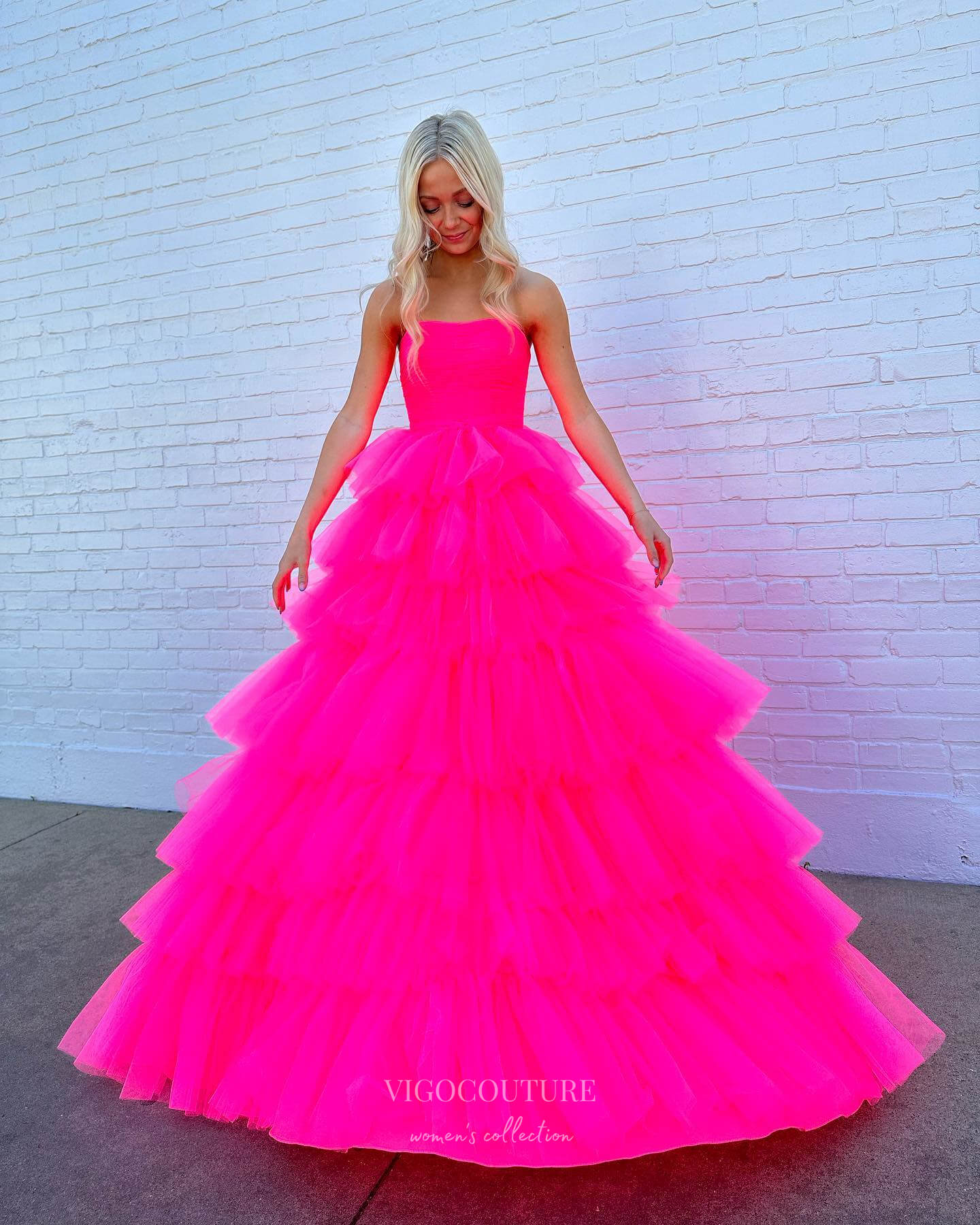 Prom Dress 2025 Fuchsia Ruffled Prom Dresses Strapless Tulle Quinceanera Dress 24025-unique elegant Prom Dresses-Fuchsia-Custom Size-vigocouture