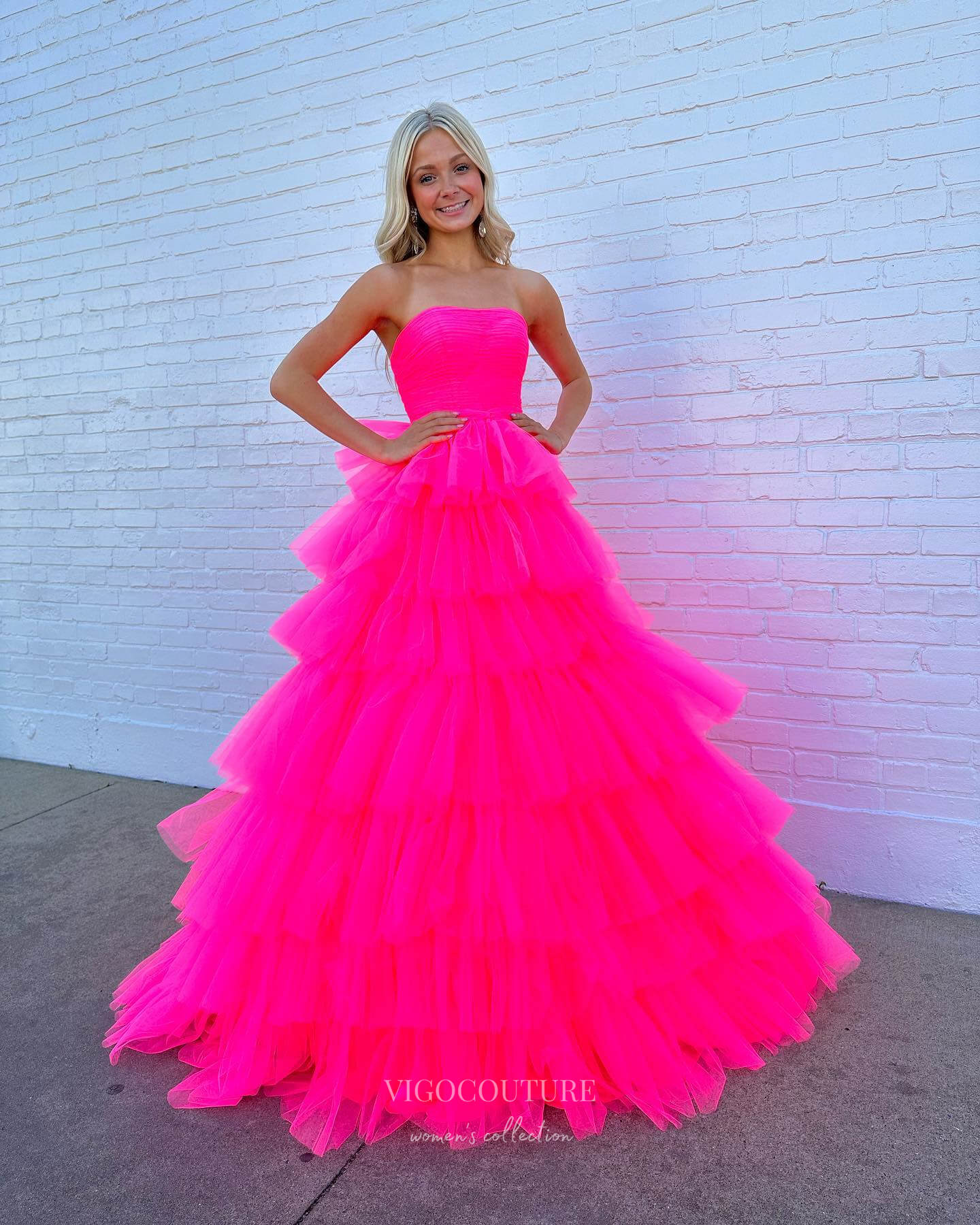 Prom Dress 2025 Fuchsia Ruffled Prom Dresses Strapless Tulle Quinceanera Dress 24025-unique elegant Prom Dresses-Fuchsia-Custom Size-vigocouture