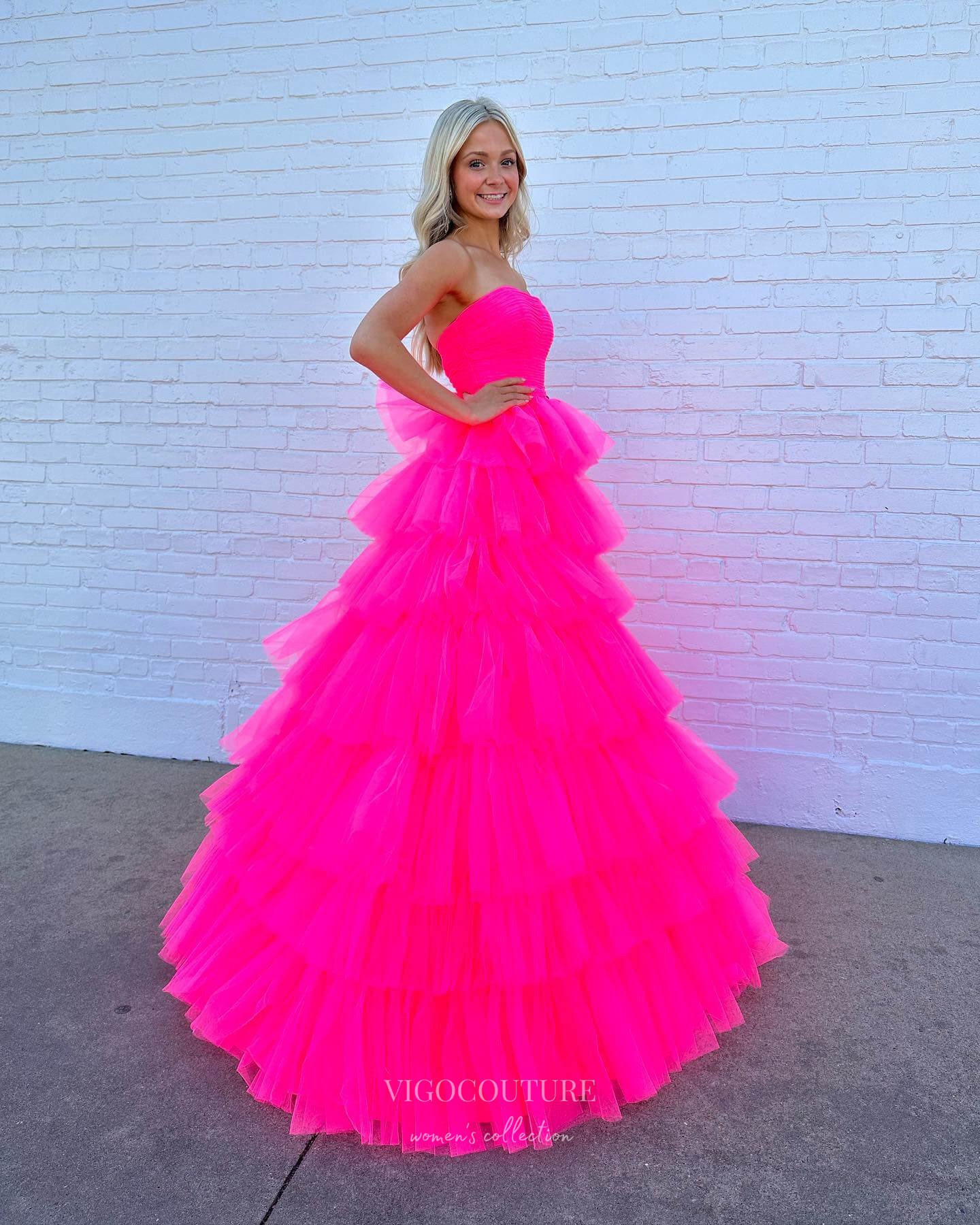 Prom Dress 2025 Fuchsia Ruffled Prom Dresses Strapless Tulle Quinceanera Dress 24025-unique elegant Prom Dresses-Fuchsia-Custom Size-vigocouture