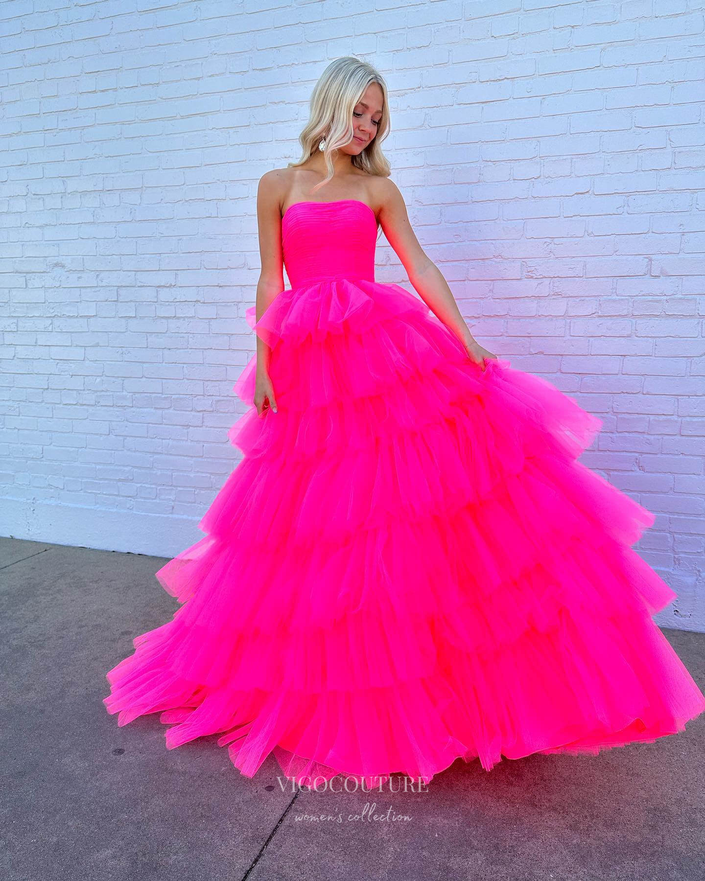 Prom Dress 2025 Fuchsia Ruffled Prom Dresses Strapless Tulle Quinceanera Dress 24025-unique elegant Prom Dresses-Fuchsia-Custom Size-vigocouture