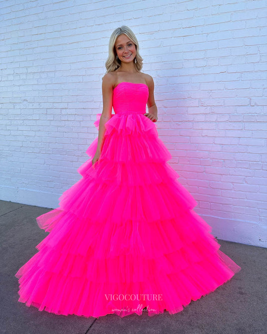 Prom Dress 2025 Fuchsia Ruffled Prom Dresses Strapless Tulle Quinceanera Dress 24025-unique elegant Prom Dresses-Fuchsia-Custom Size-vigocouture